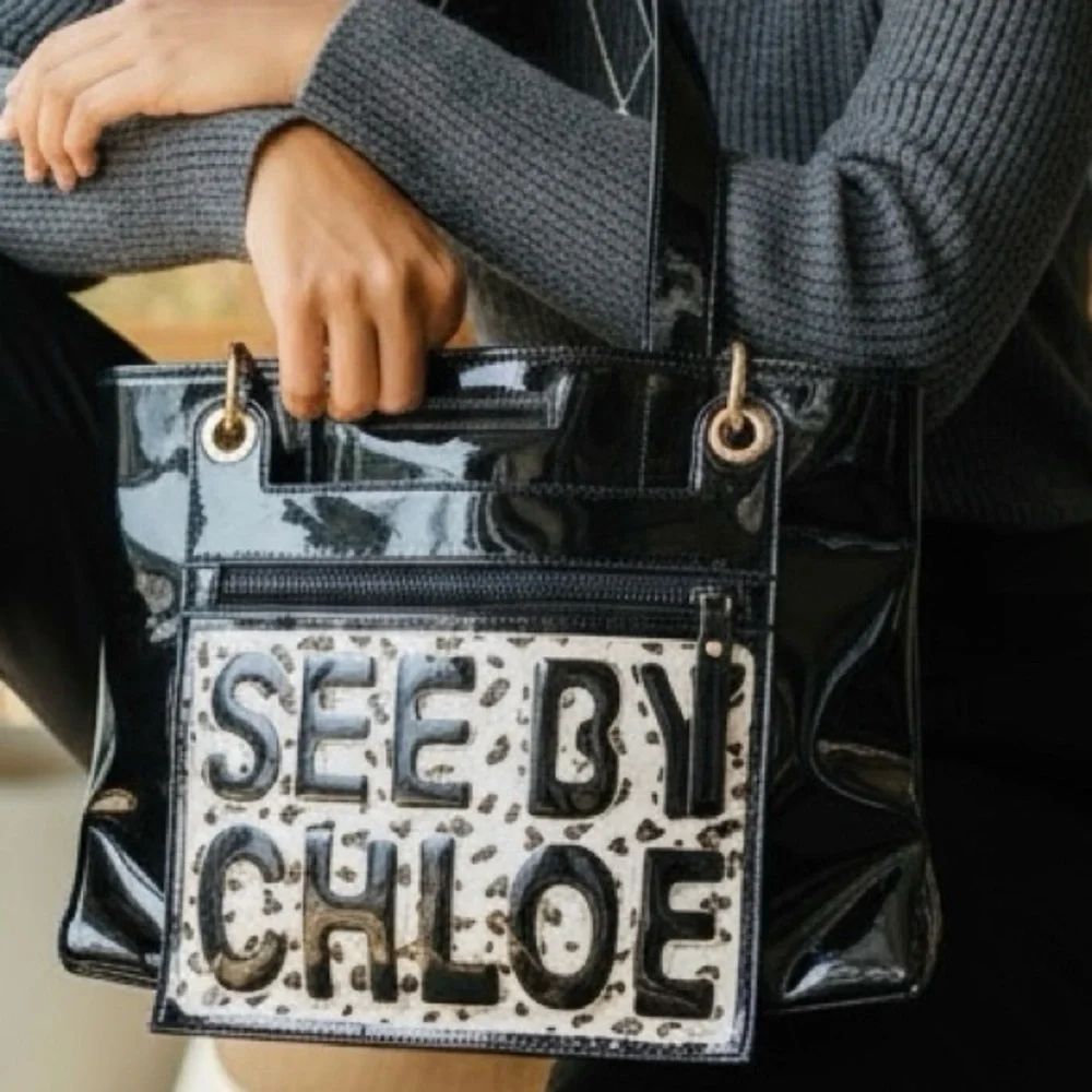 SEE BY CHLOE Black Patent Leather Tote w/Detachable Pouch w/Cheetah Print, EUC